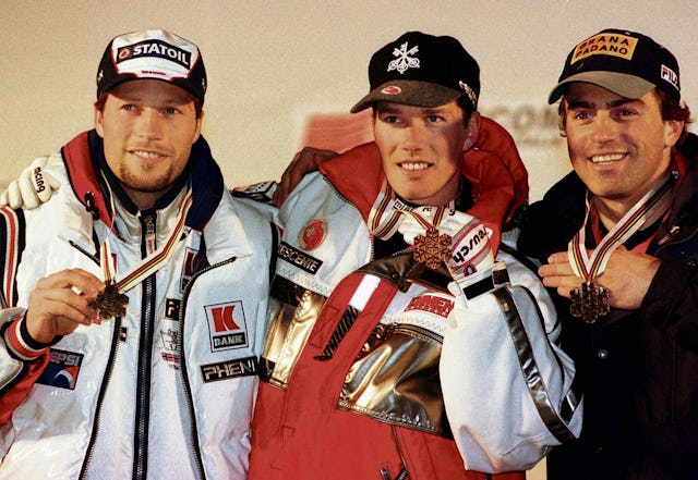 Sestriere 1997: Bruno Kernen siegt vor Lasse Kjus (l.) und Kristian Ghedina (r.) und wird Abfahrtsweltmeister.