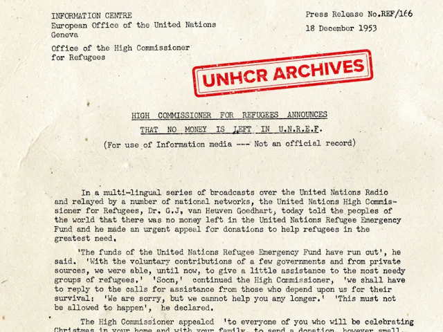 Pressemitteilung aus dem Jahr
1953 aus den UNHCR Archiven. Die Schweiz hat auf den Hilferuf geantwortet.