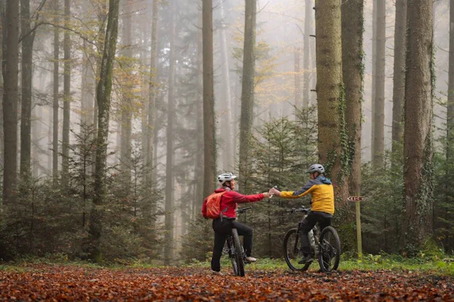 Mit dem Velo durchs Freiburgerland mit Blick auf die Alpen und den Jura.