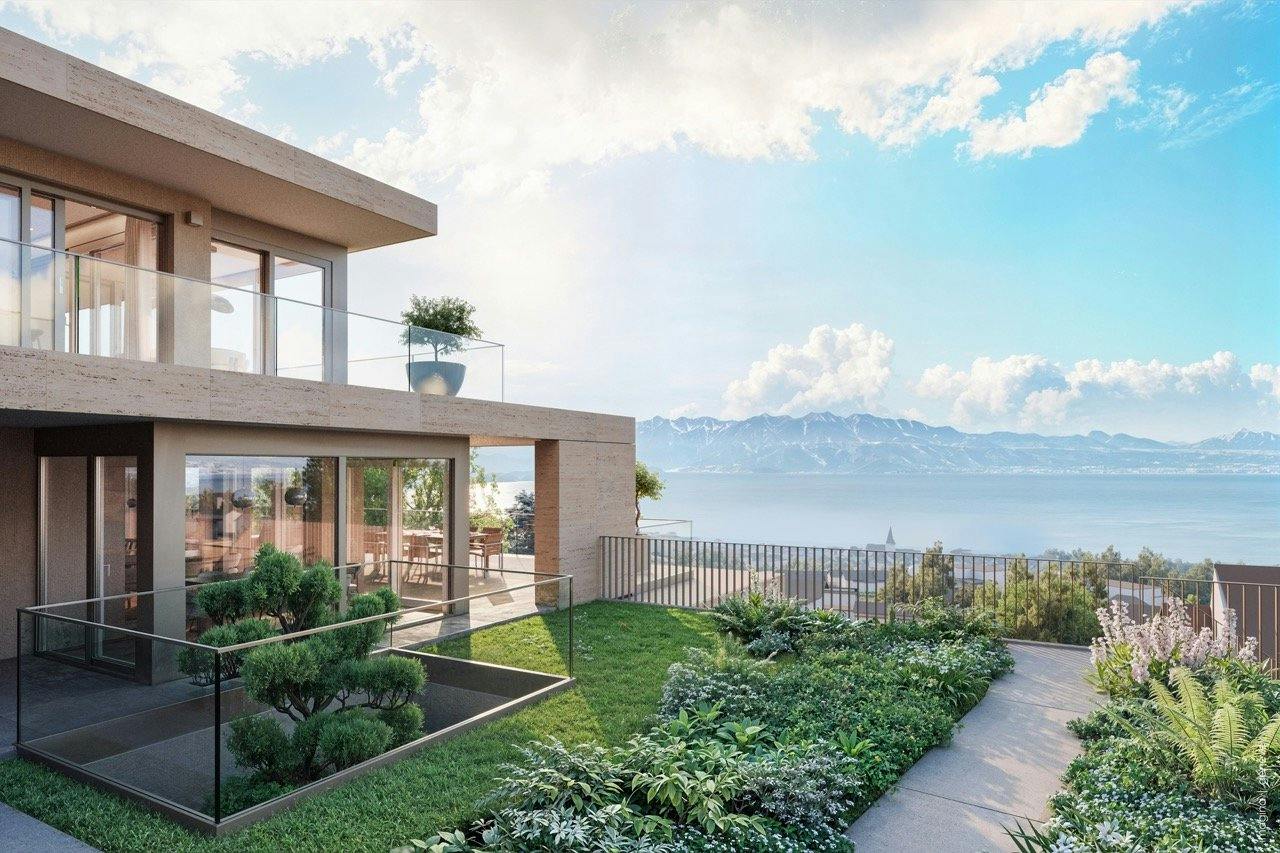 Vue panoramique sur le Léman et les vignes du Lavaux depuis le jardin du lot A2