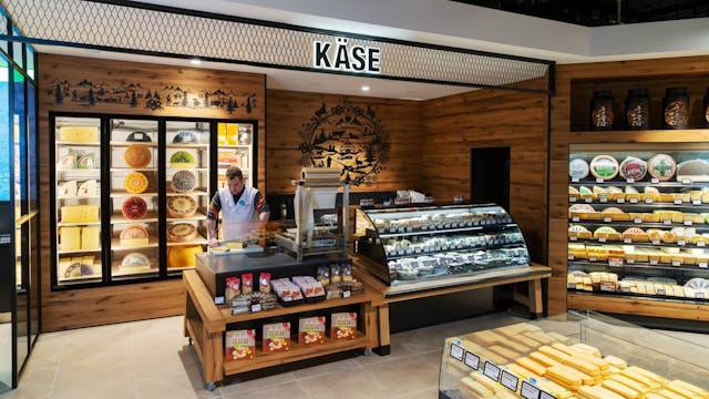 Käselaibe werden für höchsten aromatischen Genuss noch eine Weile im Humidor gereift: Käsetheke im Migros Drachen-Center.