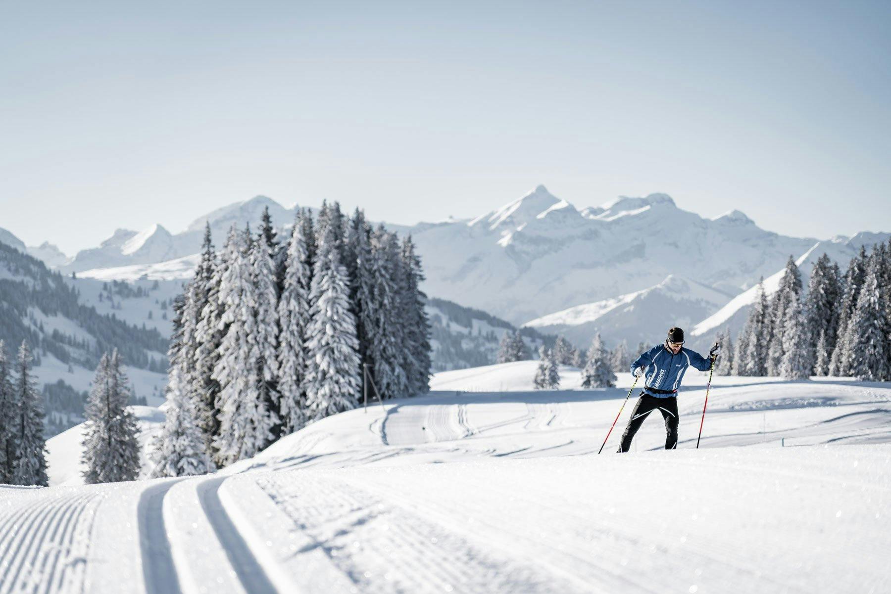 Neben den Skipisten warten wunderschöne Loipen auf Gäste: Langläufer auf dem Sparenmoos, Zweisimmen.