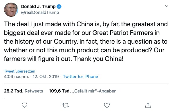 Der Grösste und Beste – nein, nicht Trump, sondern der Deal, den der Präsident für die Farmer der Vereinigten Staaten ausgehandelt hat.