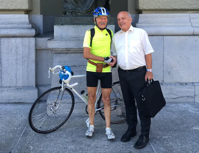 Bundesrat Ueli Maurer mit Heinz von Gunten (1. Augustfahrt Thun-Bern).