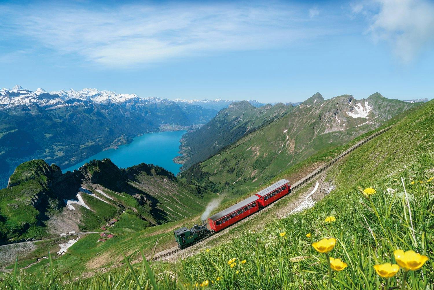 Die Brienz Rothorn Bahn fährt mit Dampf den Berg hoch. Der Brienzersee leuchtet wie ein Smaragd im Tal.