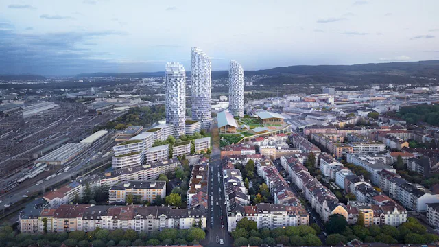 Im Dreispitz Nord entsteht ein neues, lebendiges Quartier mit zwei öffentlichen Freiräumen, drei Hochhäusern, sieben Stadthäusern und dem umgebauten Einkaufszentrum MParc.