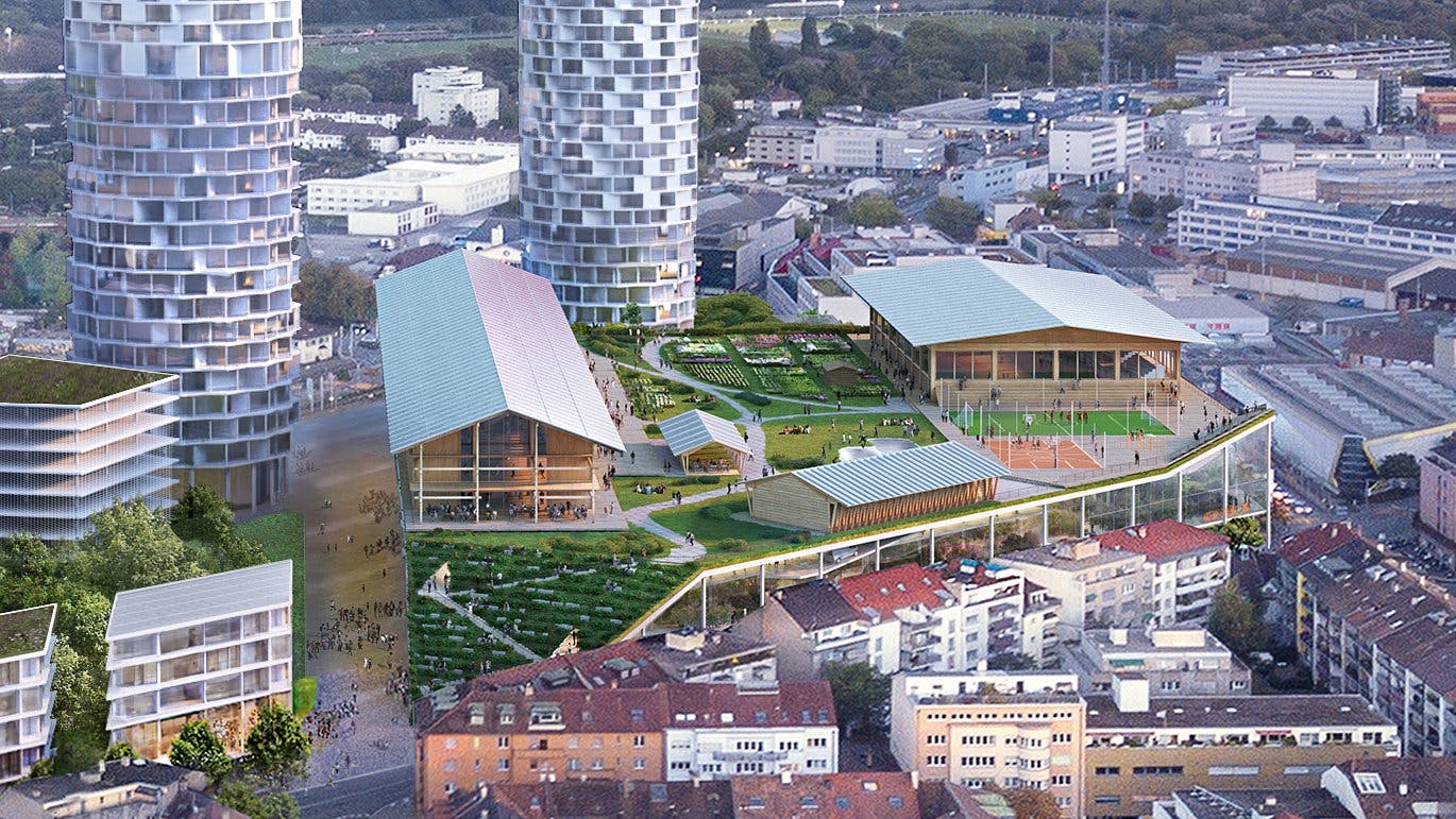 Auf dem Dach des MParc wird eine neue Sekundarschule für 700 Schüler*innen und Lehrer*innen mit Dreifach-Turnhalle erstellt. Zusammen mit dem neuen öf...