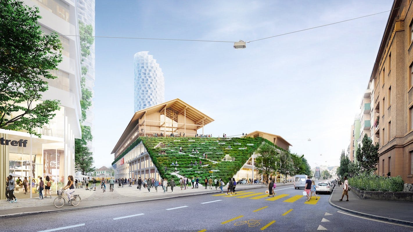 Eine begrünte, begehbare Rampe führt vom Quartier hinauf auf das begrünte Dach zum Schulhaus und der Dreifach-Turnhalle.