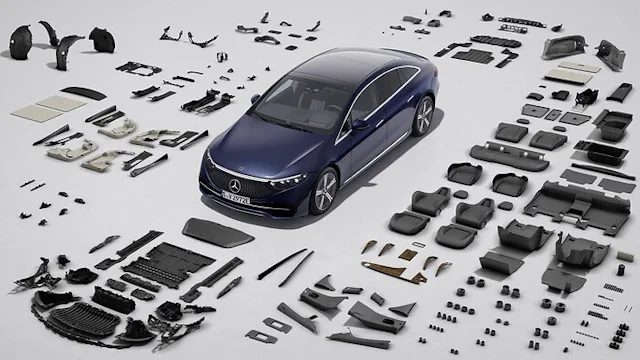 Im vollelektrischen EQS von Mercedes werden rund 290 Teile aus ressourcenschonenden Materialien verbaut.