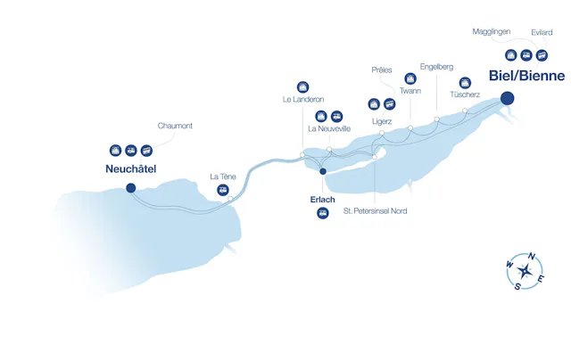 Die Reiseroute von Neuenburg nach Biel oder umgekehrt.