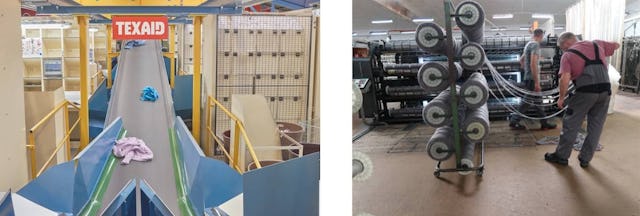 Aus dem Material von gesammelten Altkleidern entsteht Garn für neue Textilien. Bild links: TEXAID (Sortierwerk in Schattdorf), Bild rechts Hochschule Luzern