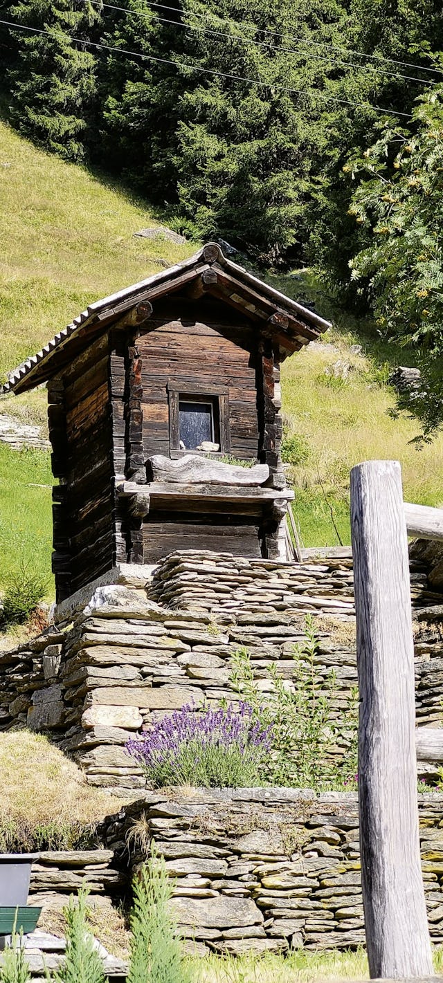 Hübsche Torbetta im Weiler Valbella. Diese kleinen Holzhäuschen dienten einst als Getreidespeicher.